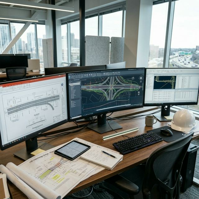 Nowoczesne biuro inżynierii drogowej - stanowisko CAD z projektami